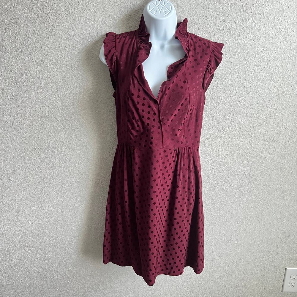 Sandro Jasmine Burgundy Polka Dot Dress Women's Small Ruffles Mini Fit & Flare